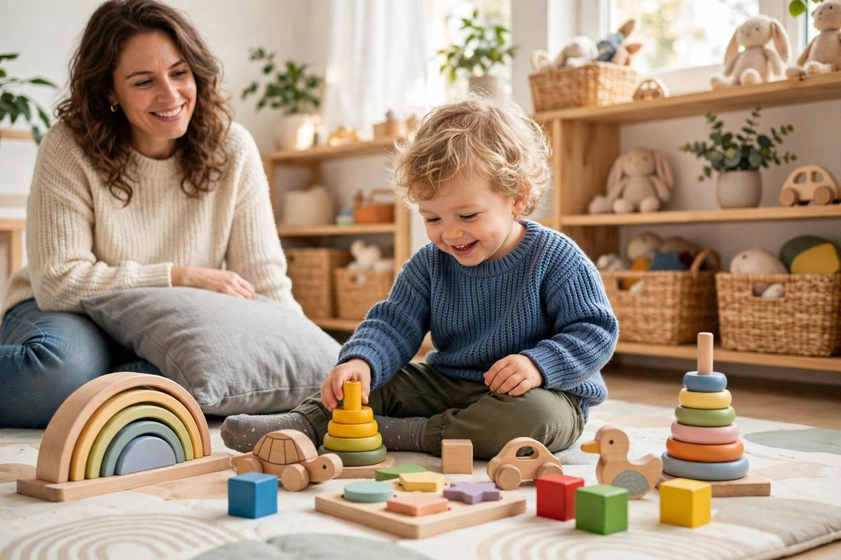 A happy toddler sits on a play mat exploring colorful alphabet learning toys for toddlers with a parent nearby.