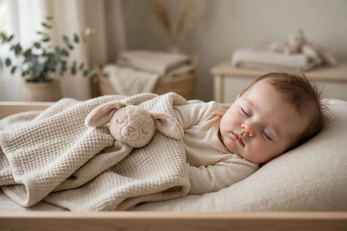 A soft lovey blanket with an animal head resting beside a sleeping baby doll, showing the best baby loveys for gentle comfort.