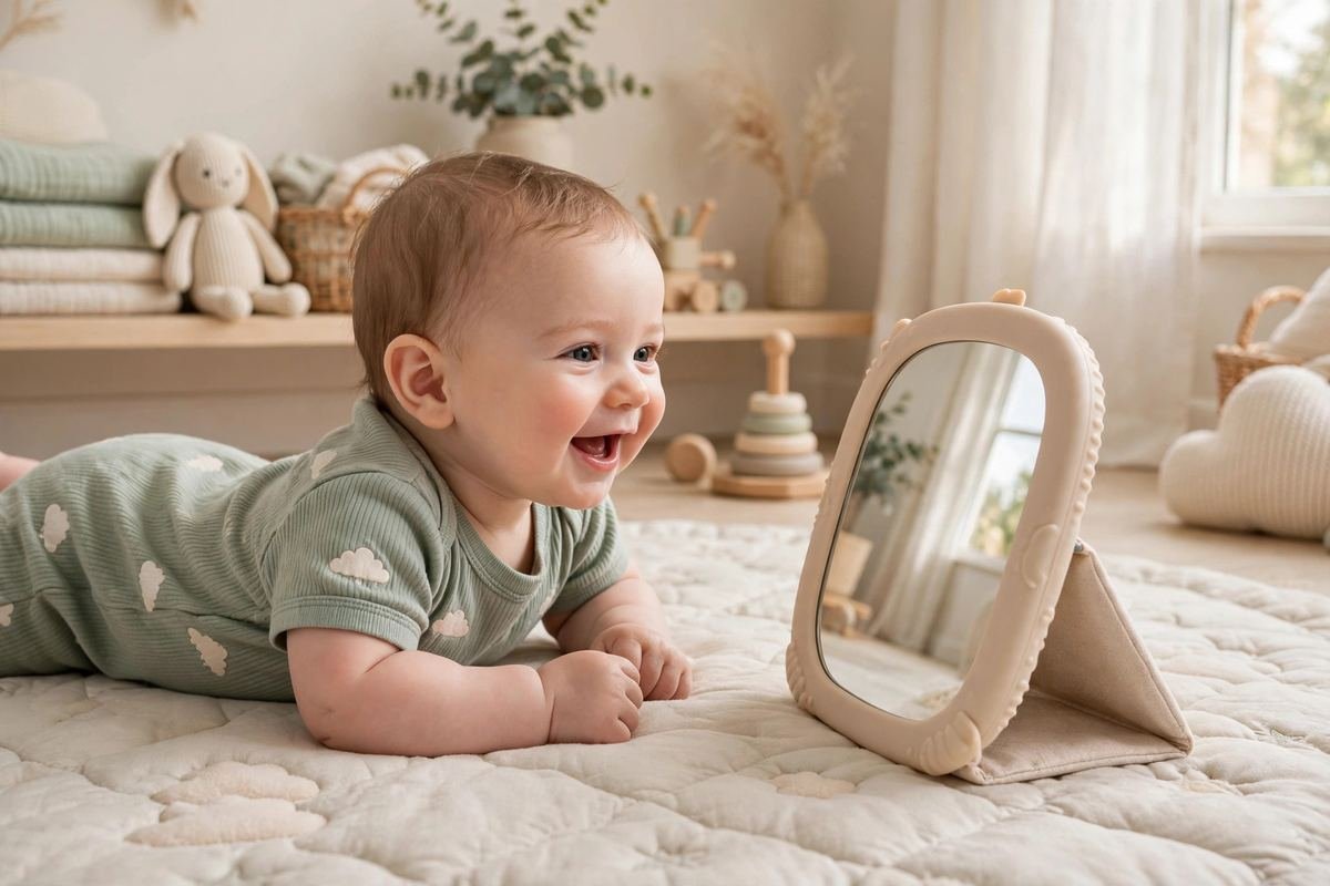 A baby enjoying tummy time with one of the best baby mirror toys on a soft mat.