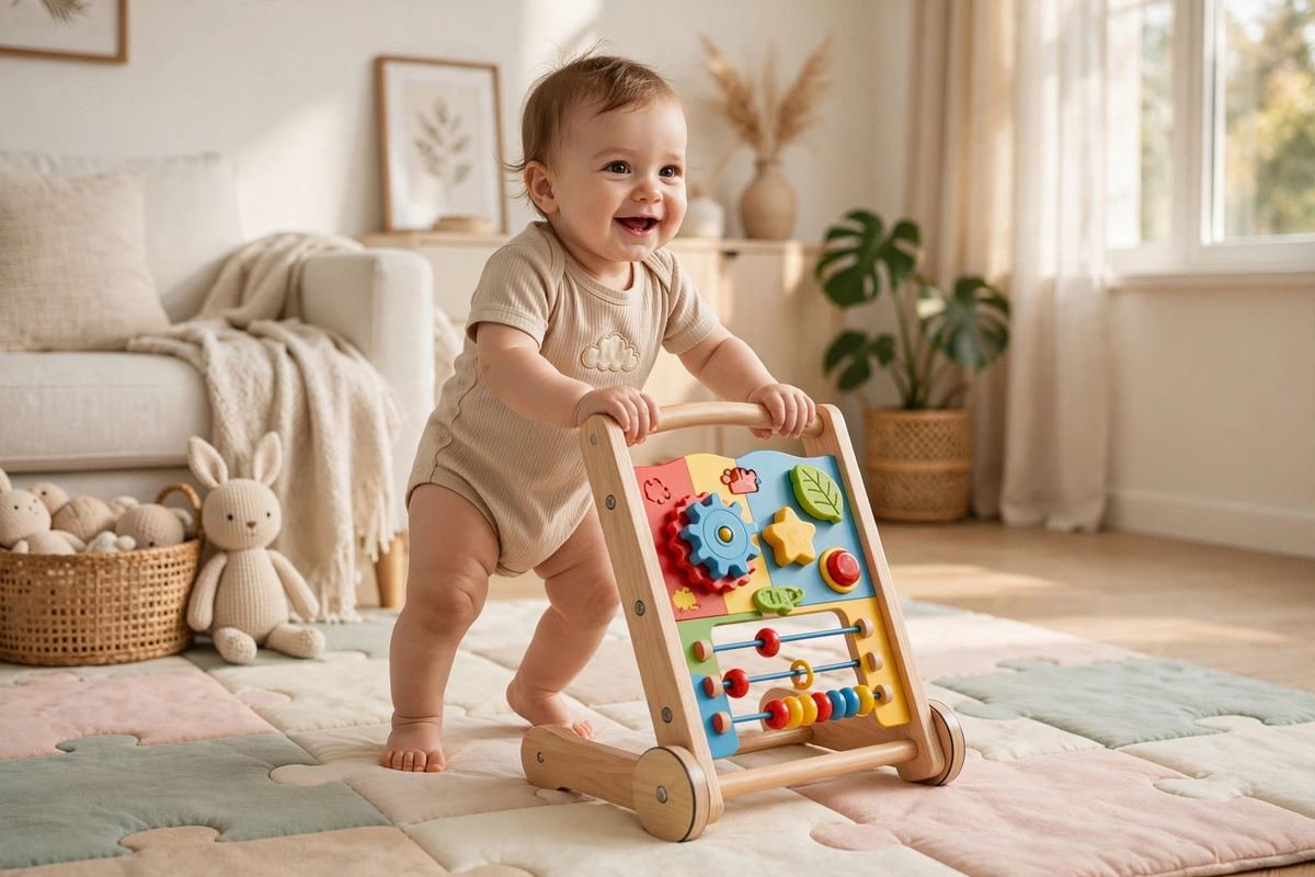 A smiling baby taking first steps at home with one of the best baby walkers on a soft play mat.