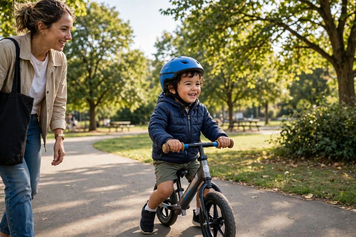 A smiling toddler wearing a helmet rides one of the best balance bikes for toddlers along a smooth park path while a parent walks nearby.