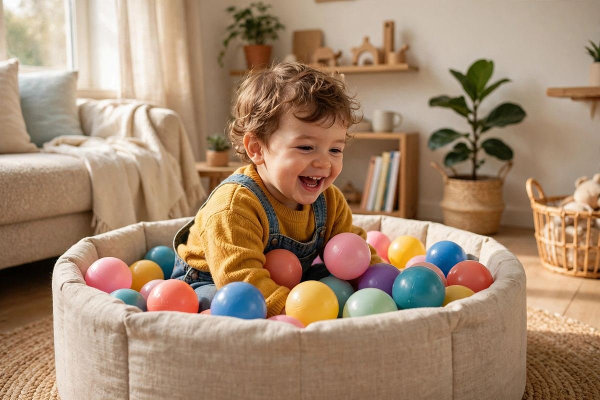 A happy toddler sits among soft colorful balls in one of the best ball pits for toddlers in a bright and cozy living room.