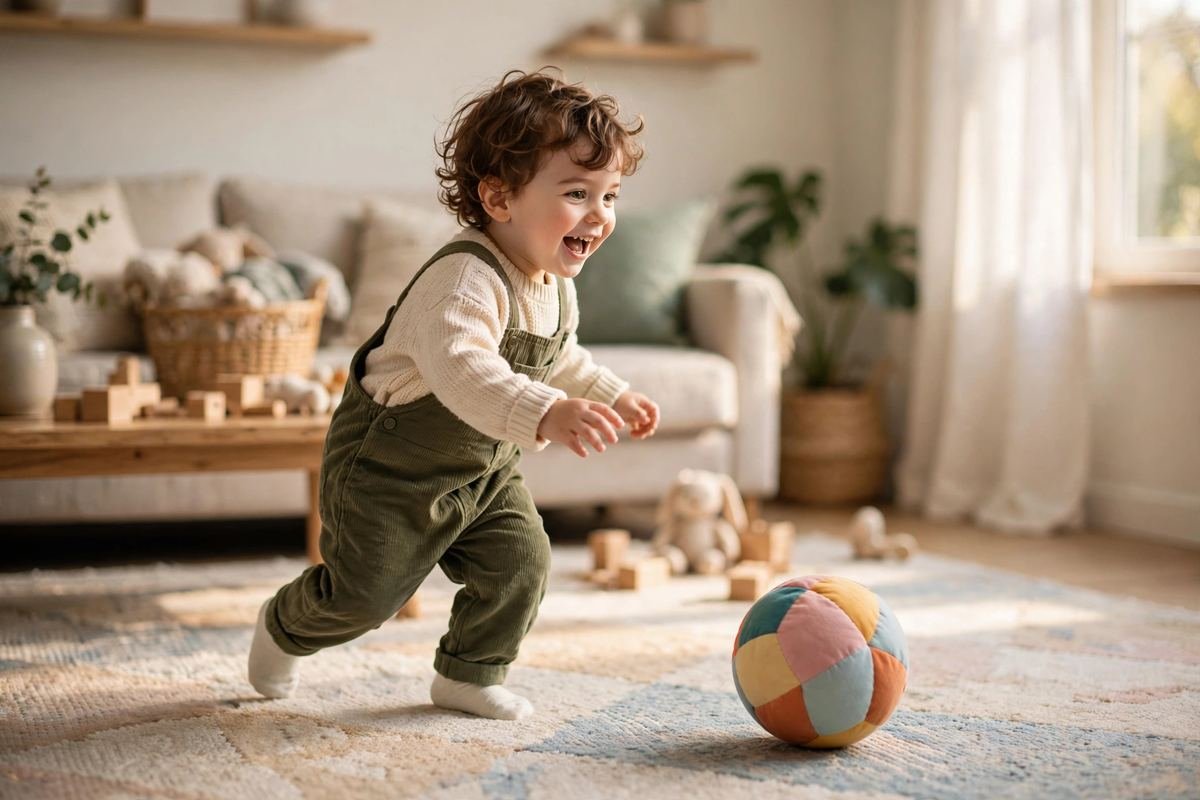A toddler chasing one of the best balls for toddlers across a soft living room rug.