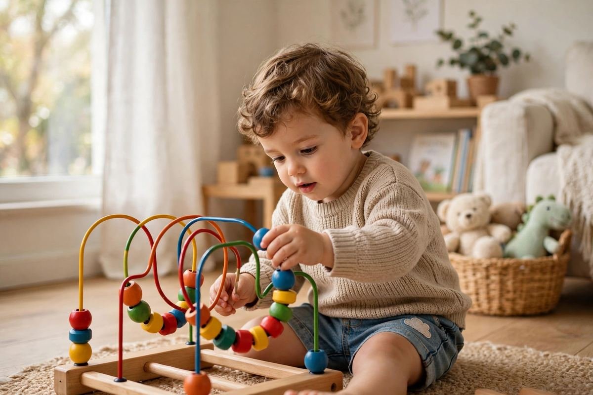 A toddler sliding bright beads along one of the best bead mazes for toddlers on a playroom floor.