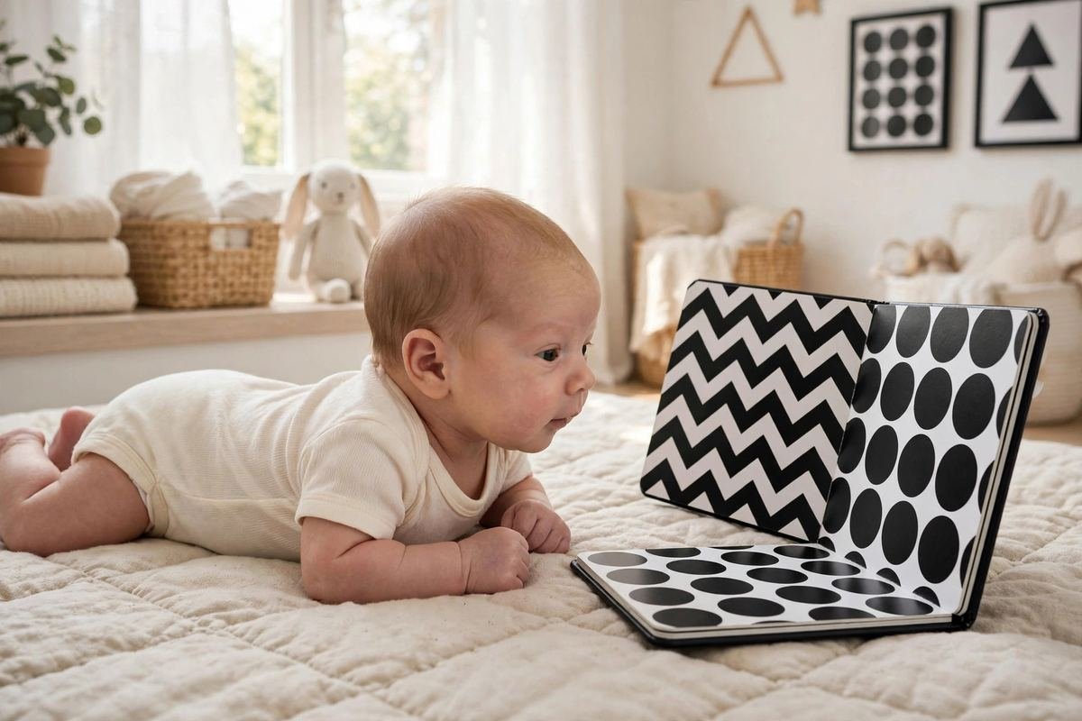 A newborn on a soft mat gazing at the best black and white baby books open beside her during tummy time.