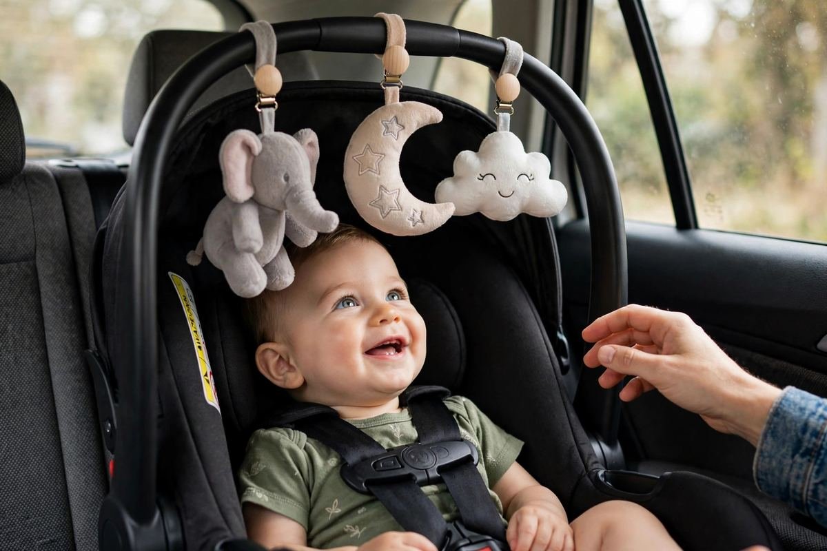 A baby in a rear facing seat smiling at the best car seat toys hanging from the carry handle on a family road trip.