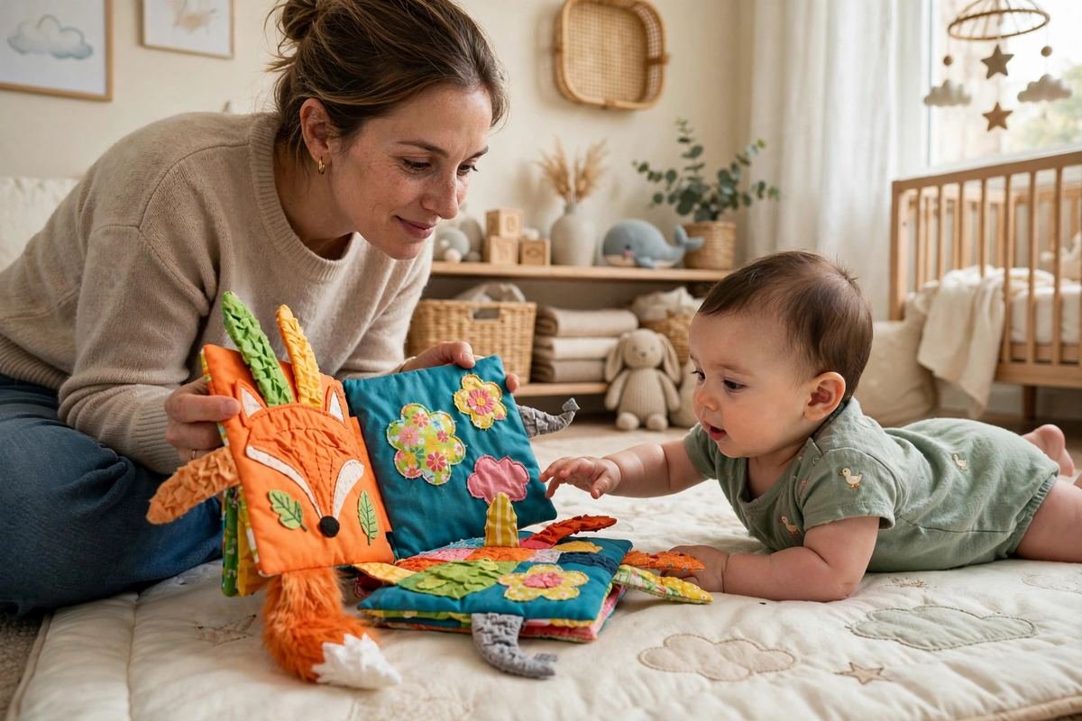 A parent reading one of the best cloth books for babies during tummy time while the baby grabs at the soft crinkle pages.