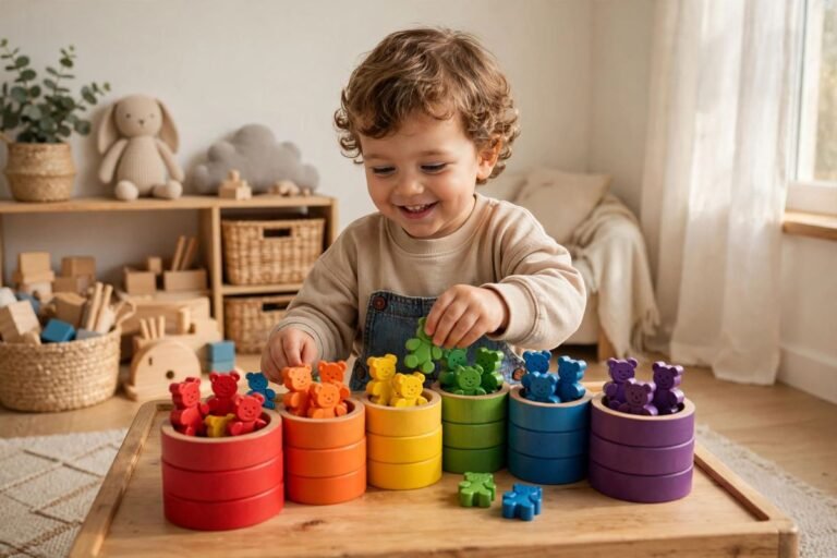 A smiling toddler playing with wooden rainbow cups and counting bears at a low table, showing the best colour sorting toys for toddlers in warm natural light.