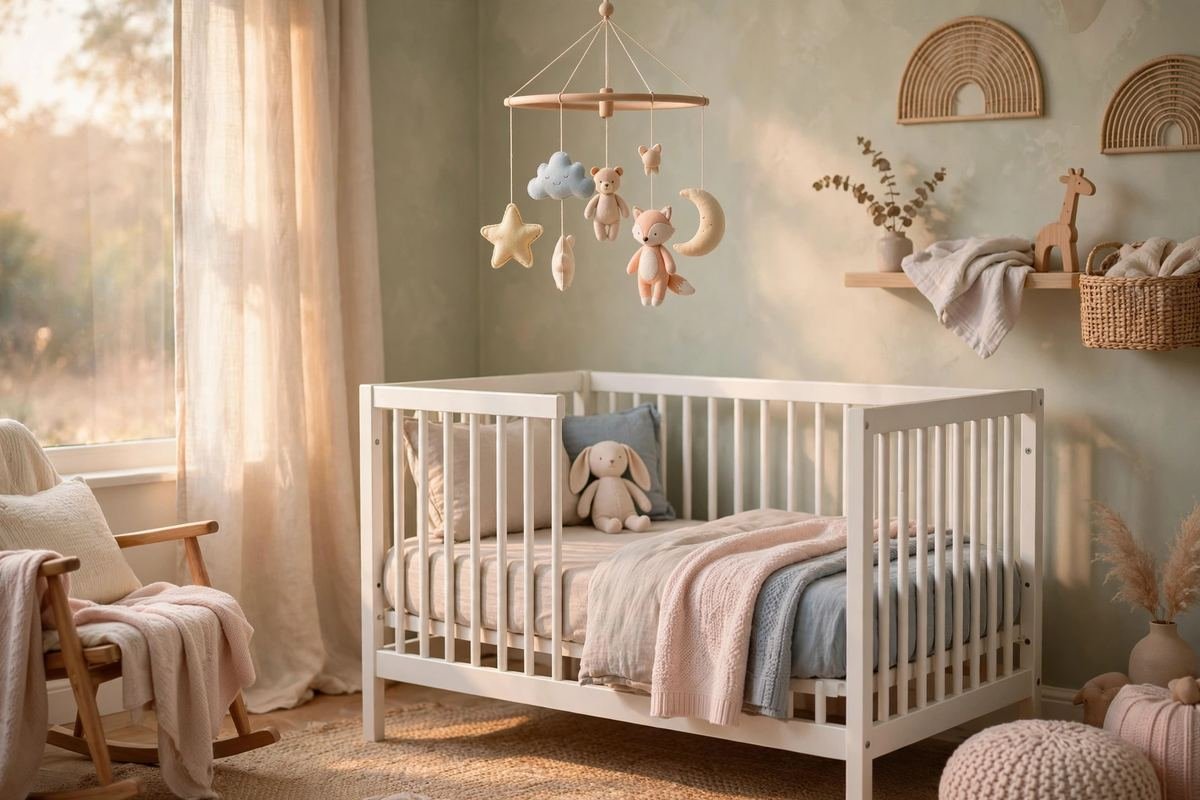 A newborn watching one of the best crib mobiles turning slowly above the crib.