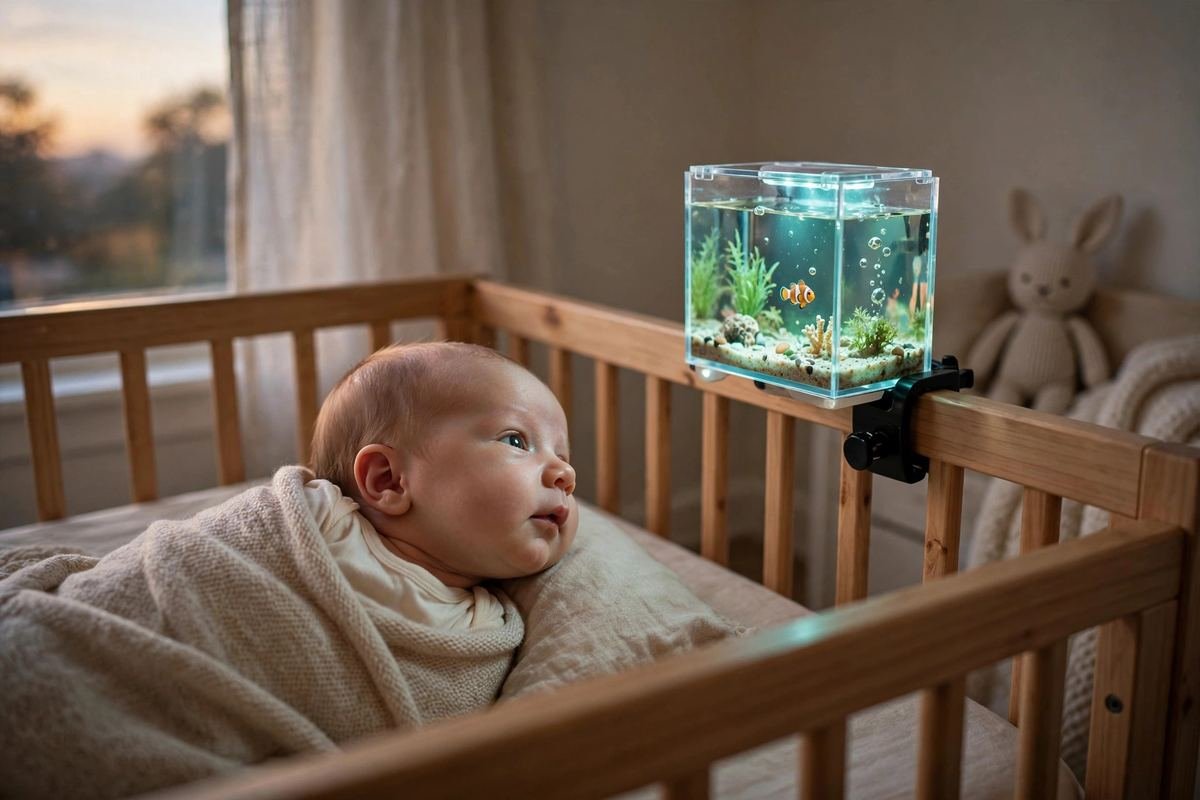 A calm newborn in a crib watching one of the best crib toys for newborns, a gentle aquarium soother glowing softly.
