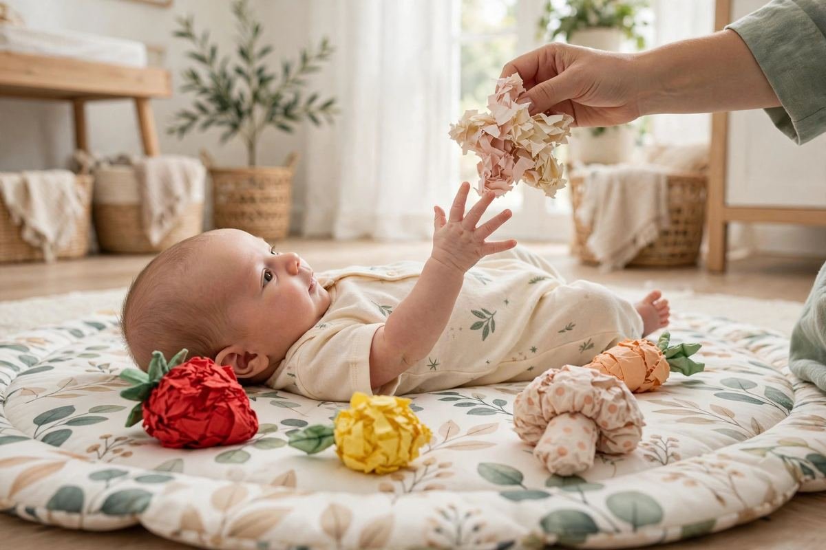 A newborn on a play mat reaching for the best crinkle toys for babies while a parent holds a crinkle fabric toy nearby.