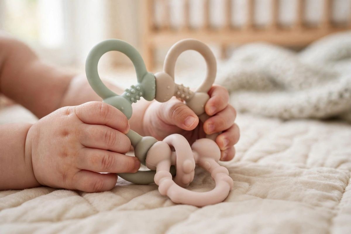 Small hands holding one of the best grasping toys for babies during floor play.