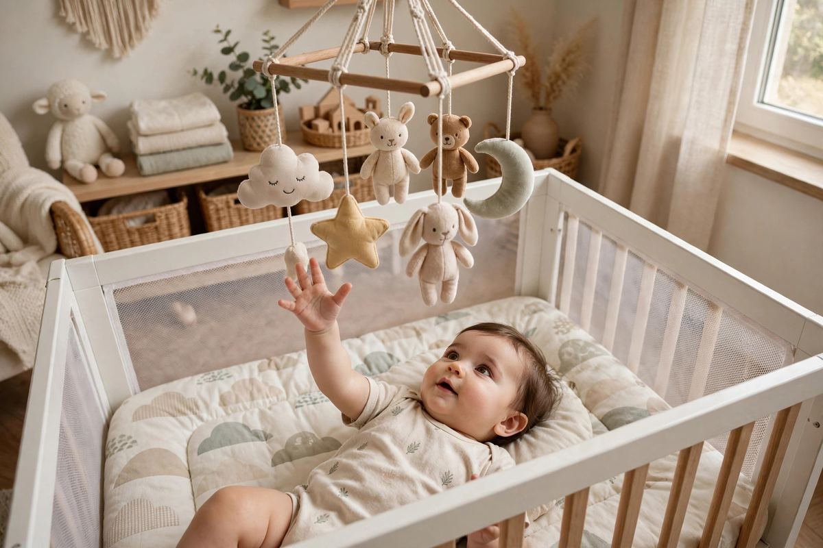 Soft plush toys hanging above a playpen show the best hanging toys for babies in use.