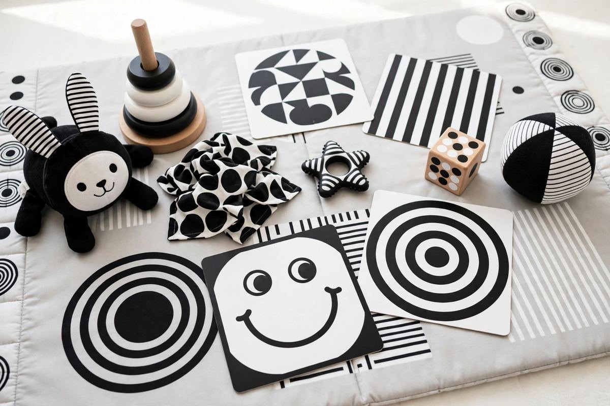 Black and white cards from a set of the best high contrast baby toys propped in front of a newborn.