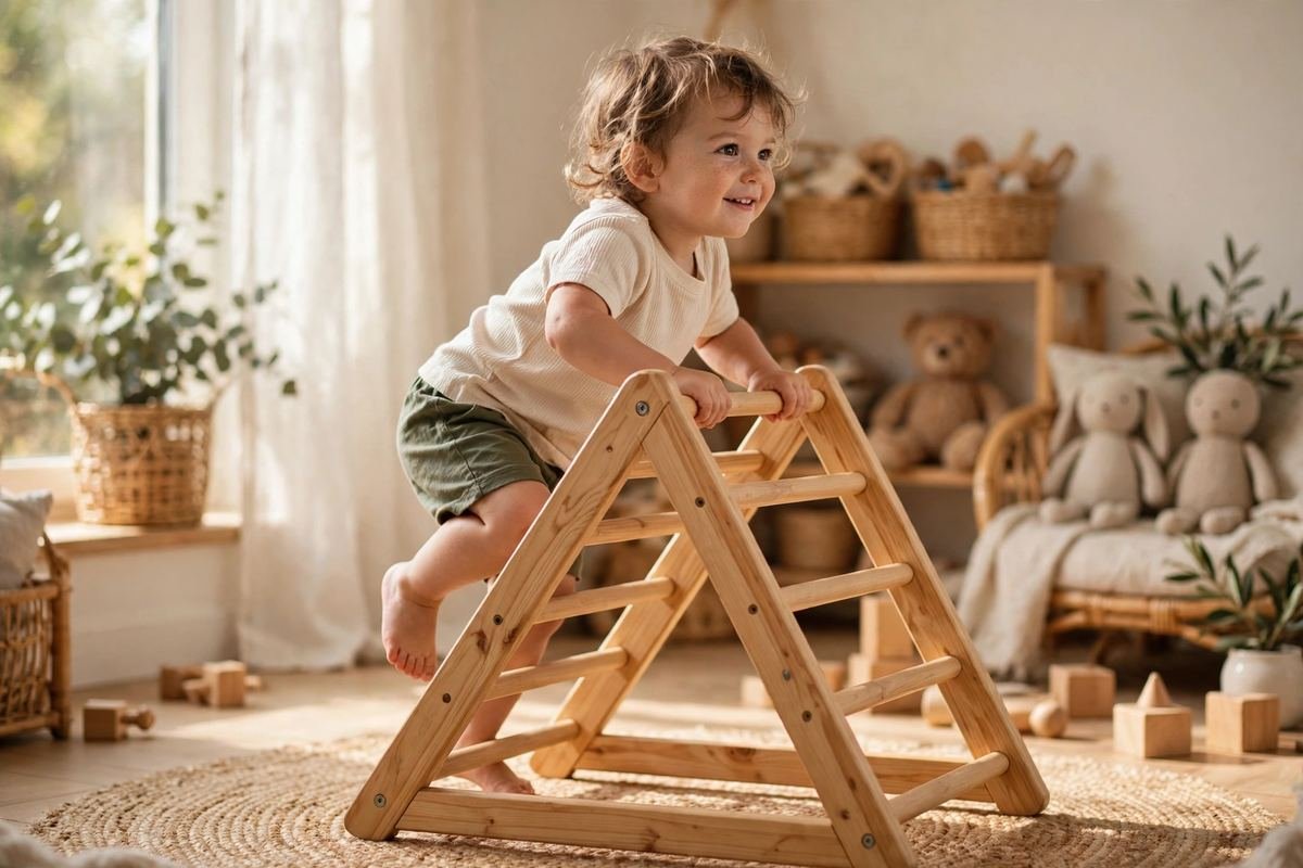A confident toddler climbing one of the best indoor climbers for toddlers in a bright playroom at home.