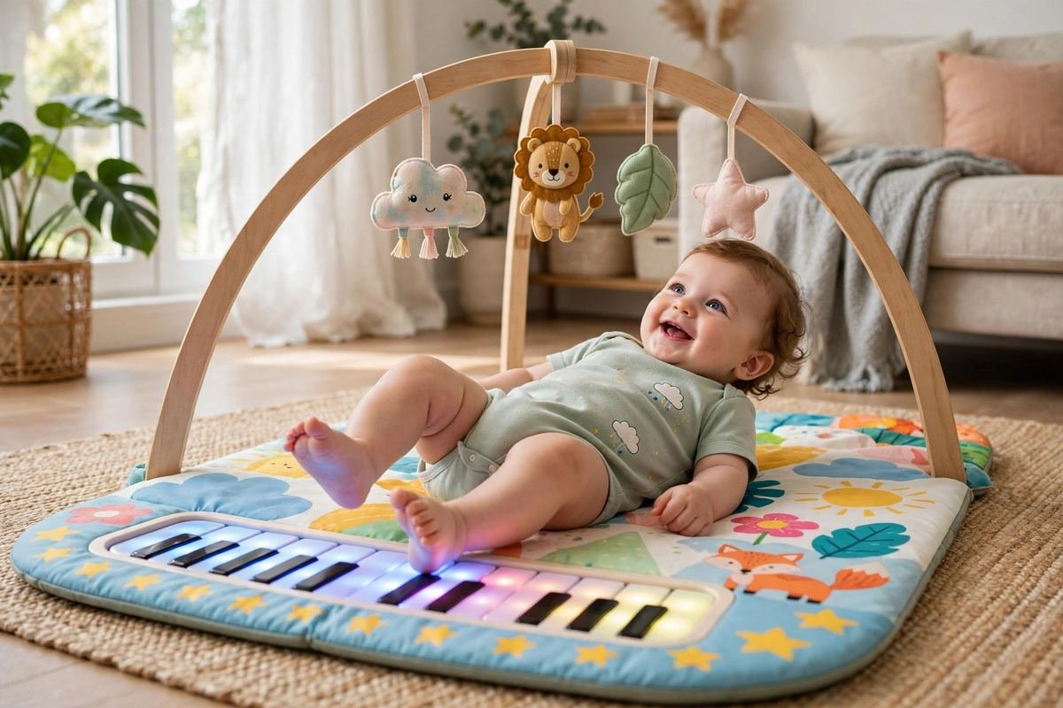 A happy baby on a piano gym mat from our guide to the best kick and play piano toys.