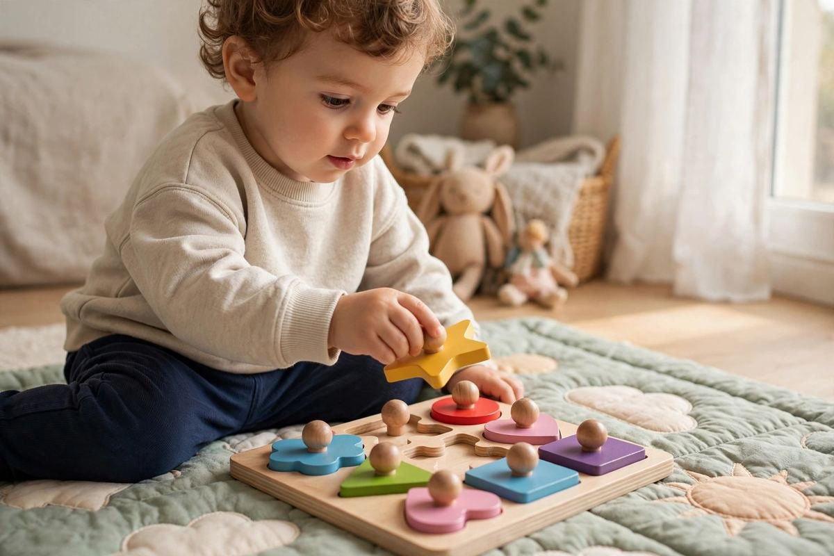 A toddler lifting a chunky piece from one of the best knob puzzles for toddlers on a soft play mat.