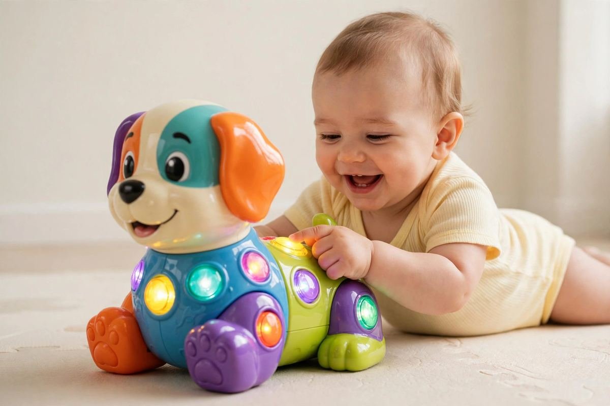 A happy baby pressing the light up buttons on one of the best leapfrog toys for babies during floor play.