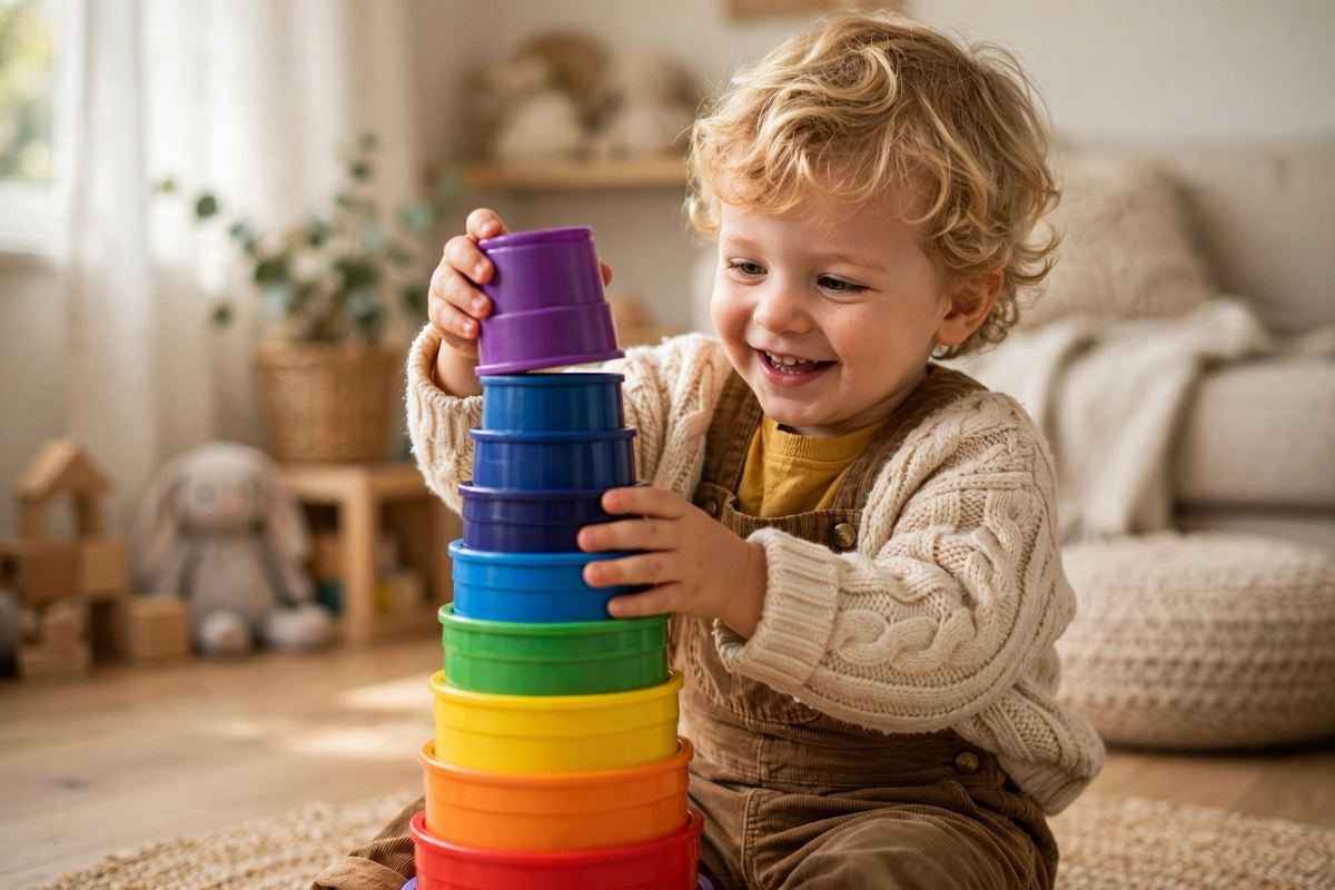A smiling toddler stacking the best nesting cups for toddlers into a tall rainbow tower on the floor.