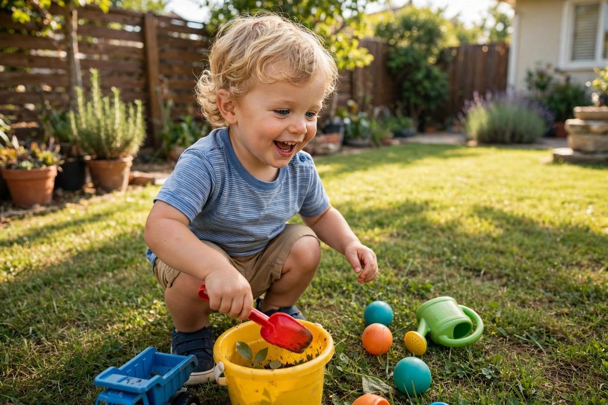 A happy toddler playing with the best outdoor toys for 2 year olds in a sunny family backyard.