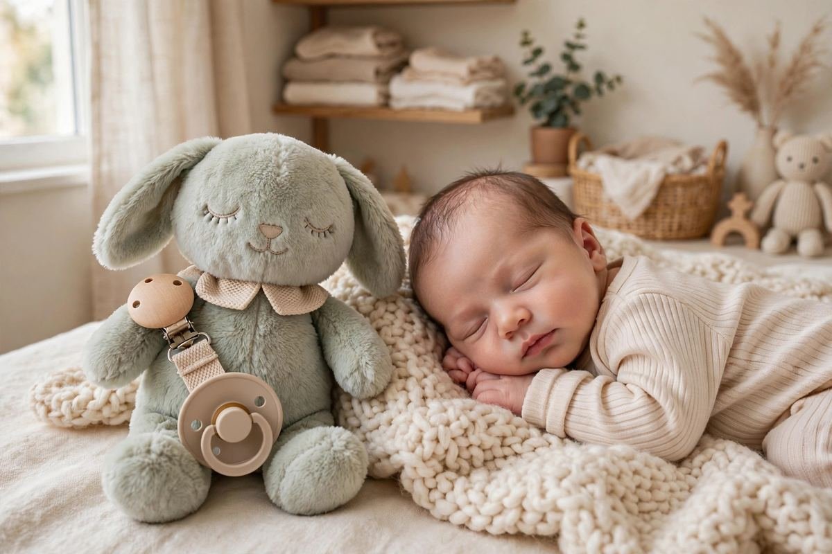 A soft plush pacifier holder from our guide to the best pacifier plush toys resting beside a newborn.