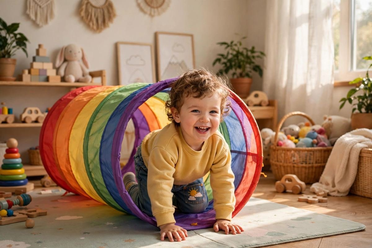 A smiling toddler crawls through a colourful tunnel while playing with one of the best play tunnels for toddlers at home.