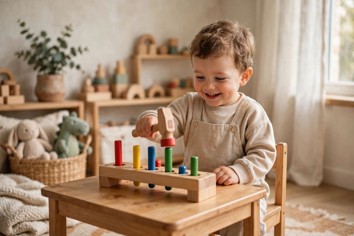 A happy toddler hammering pegs on one of the best pounding bench toys at a wooden play table.