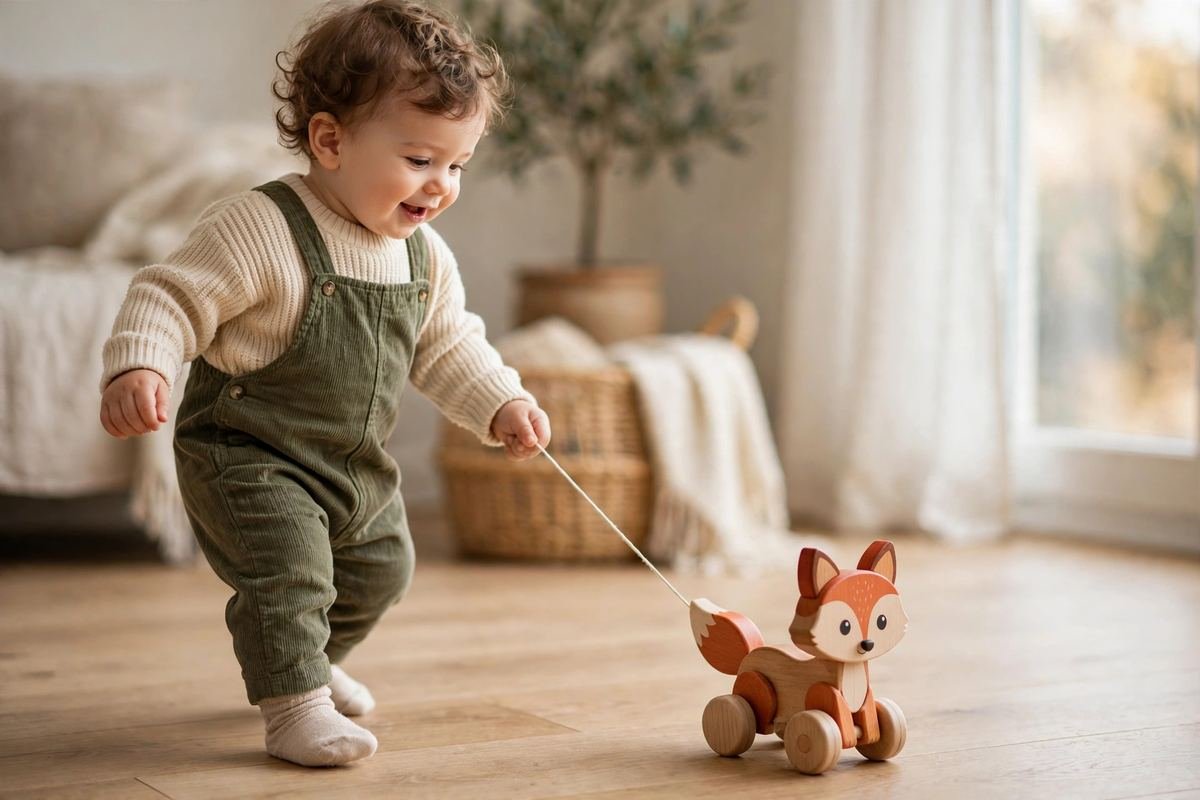 A new walker towing one of the best pull along toys across a wooden floor.