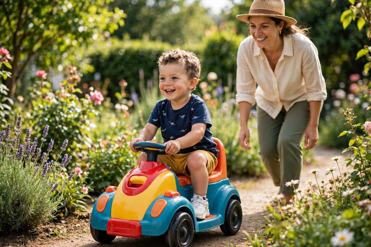 A cheerful toddler riding one of the best push cars for toddlers along a garden path with a parent nearby.