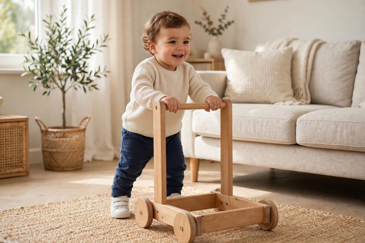 A smiling toddler holding the handle of a sturdy walker in a bright living room, showing some of the best push toys for toddlers in everyday use.