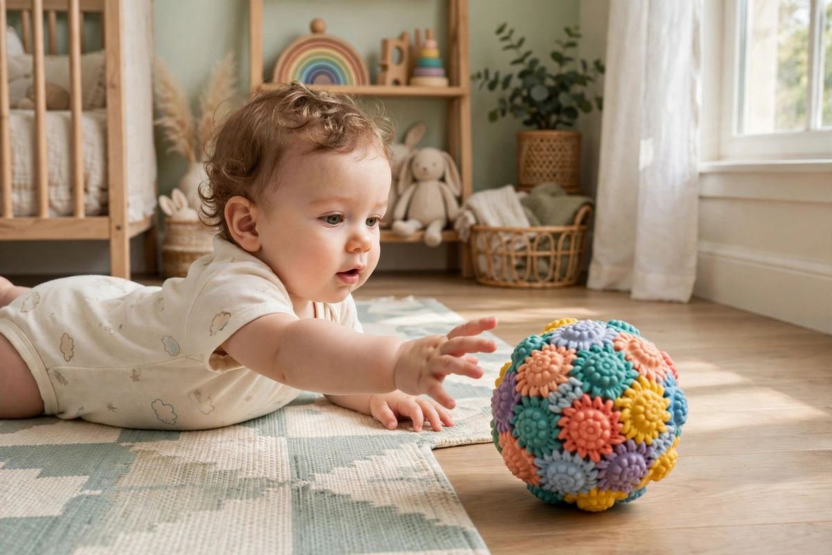 A baby chasing a colourful ball shows the best rattle balls for babies during floor play.