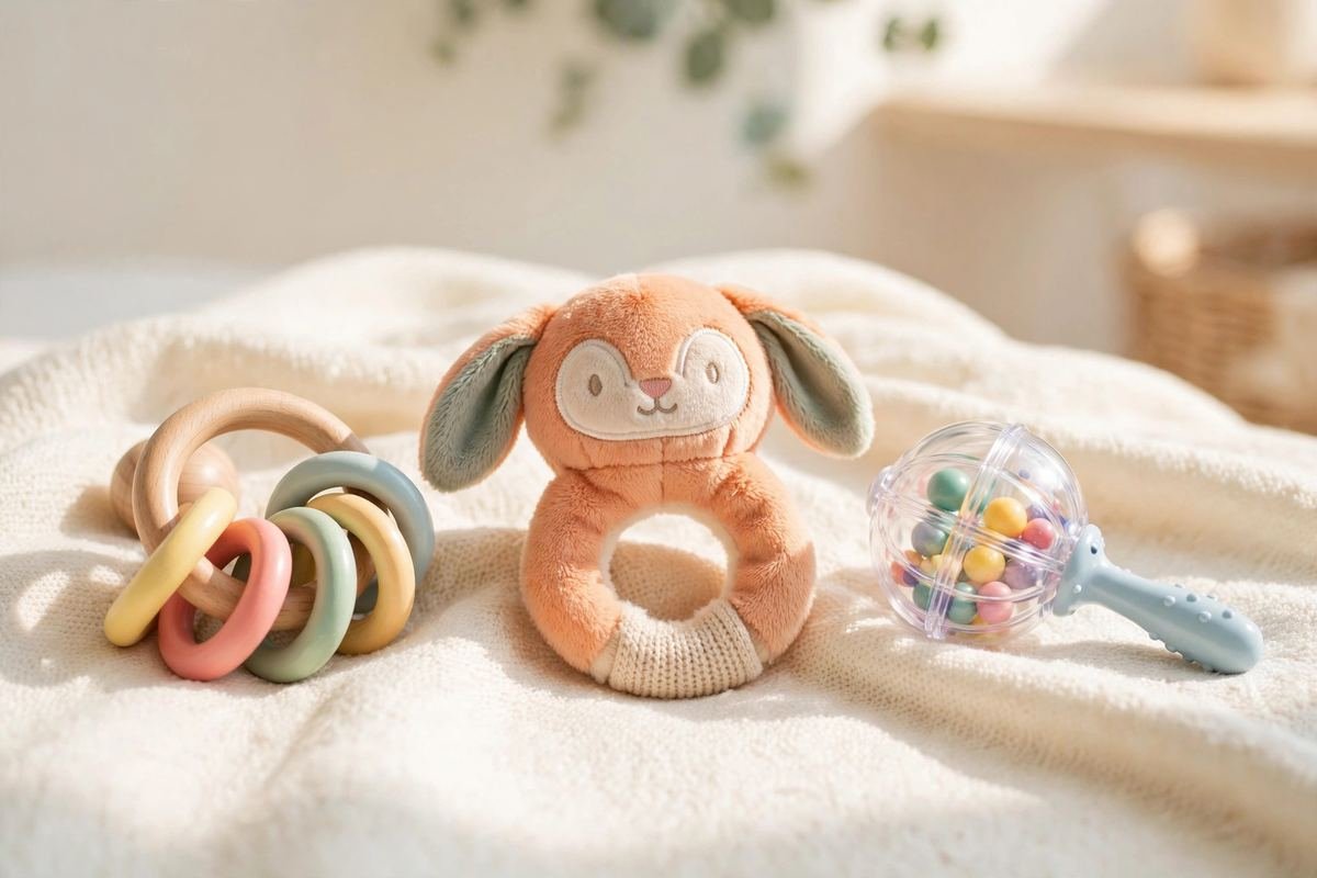 A parent gently holding one of the best rattles for newborns near a smiling baby during playtime.