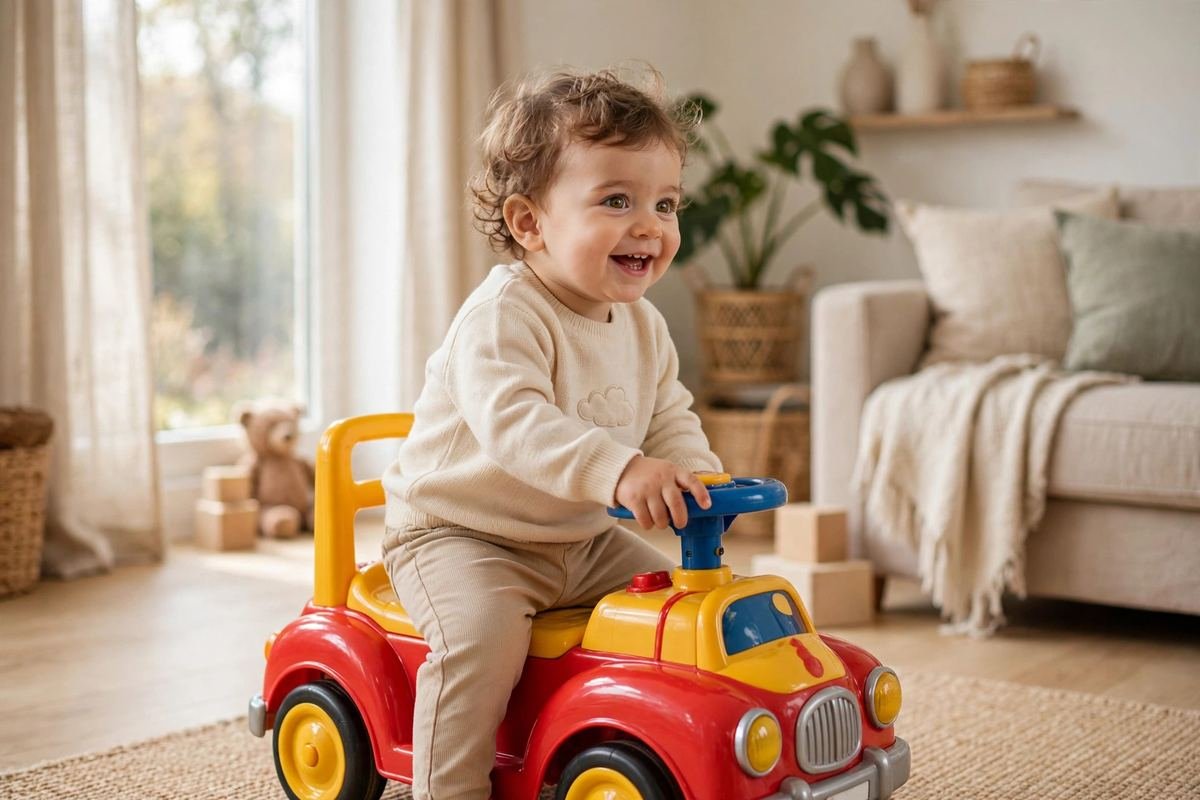A smiling toddler sits on a colorful ride on toy in a bright living room while choosing from the best ride on toys for 1 year olds.