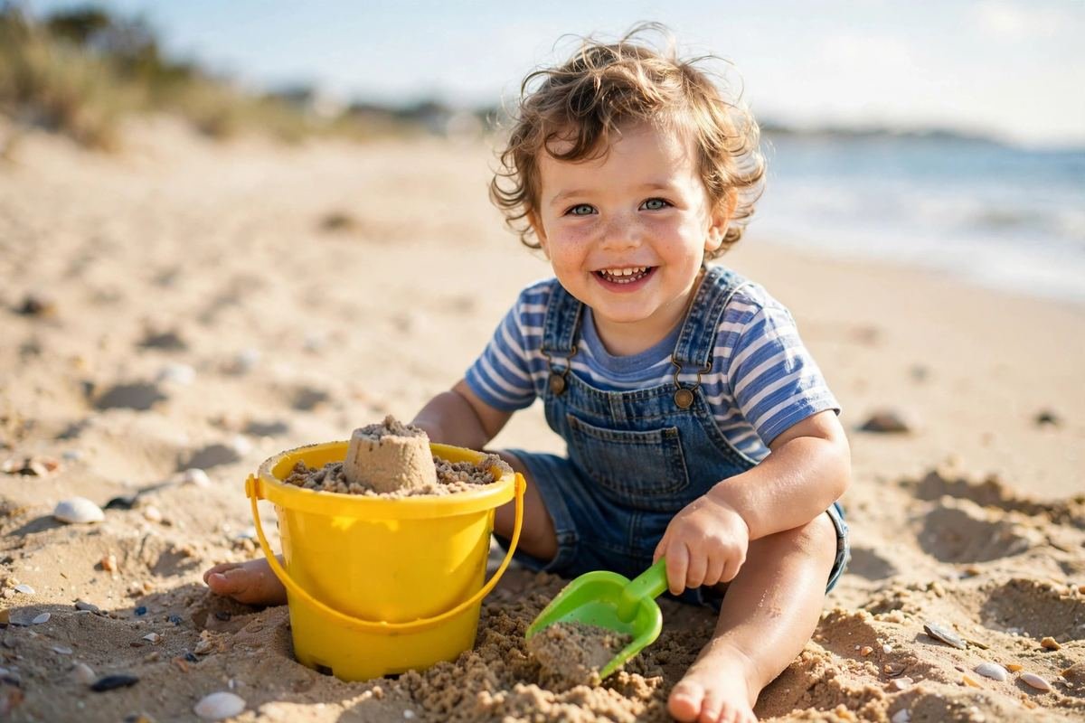 A smiling toddler plays in soft sand with a bright bucket and spade beside the best sand toys for toddlers on a sunny beach.