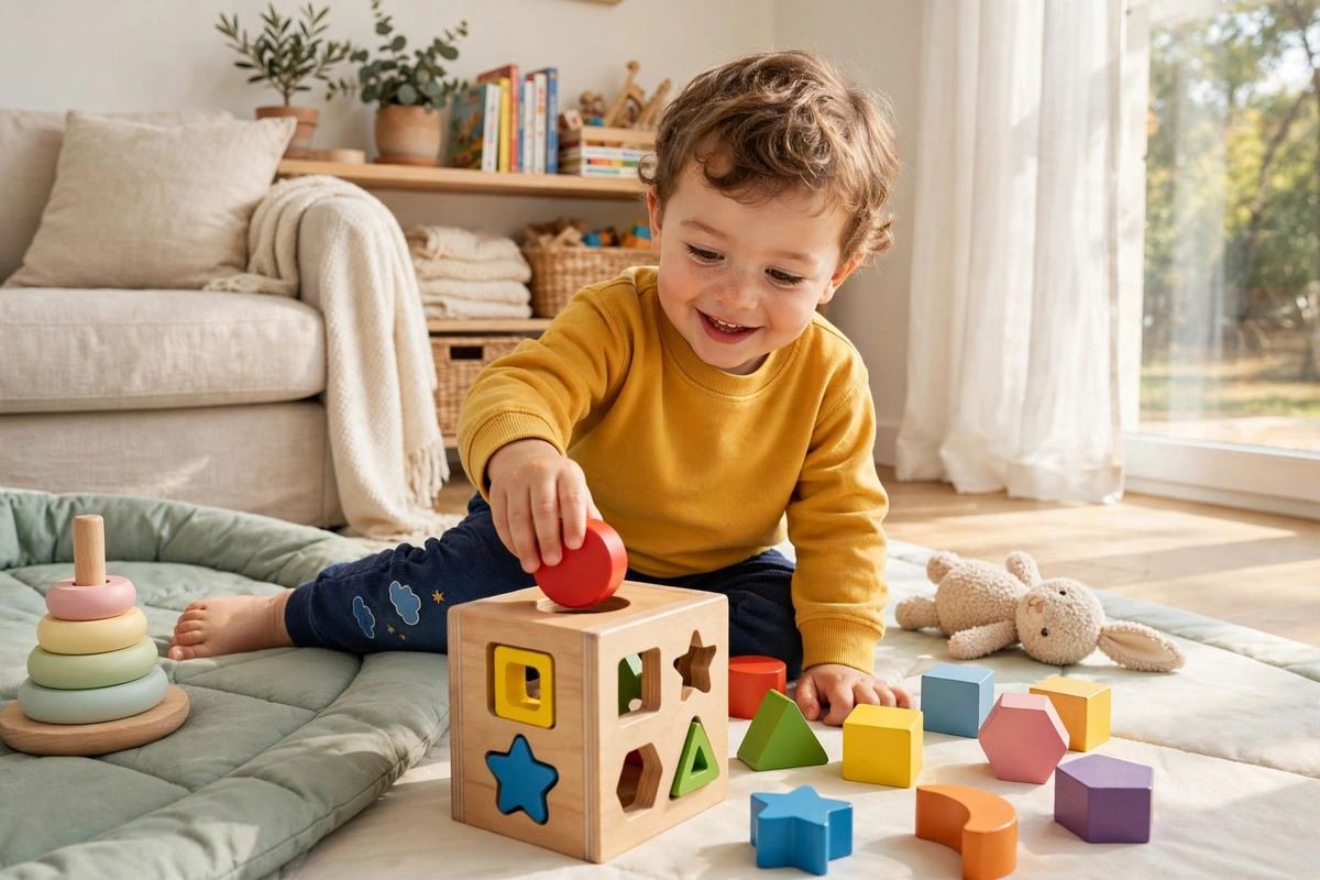 A toddler playing with colorful blocks beside the best shape sorters for toddlers on a soft play mat at home.
