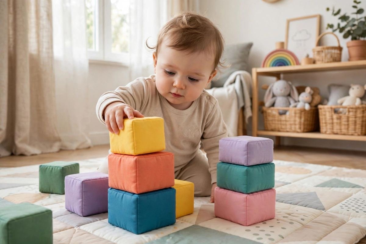 A baby stacking colourful soft blocks shows the best soft blocks for babies during play.