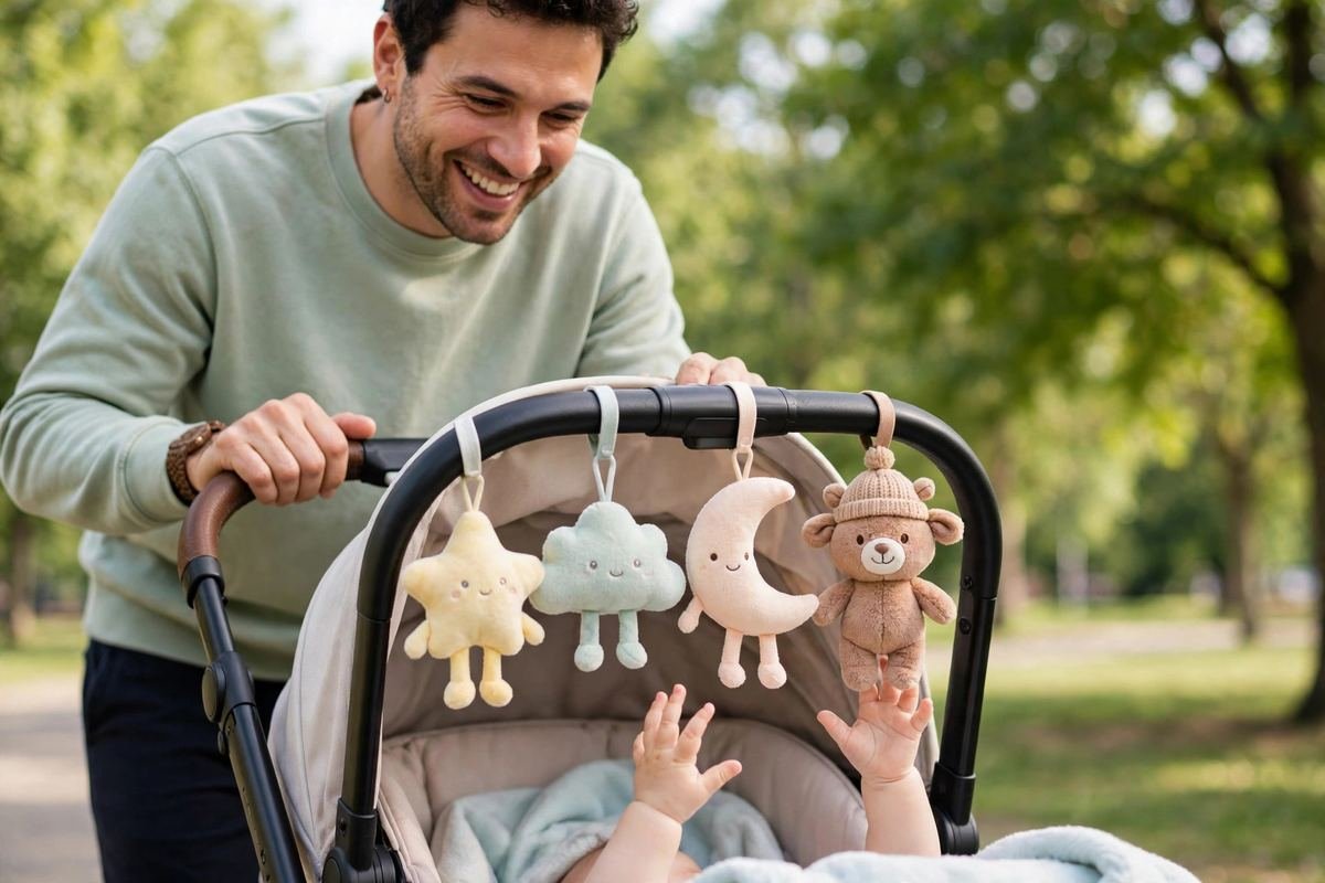 A smiling parent pushing a stroller fitted with the best stroller toys while the baby reaches for a hanging plush character.