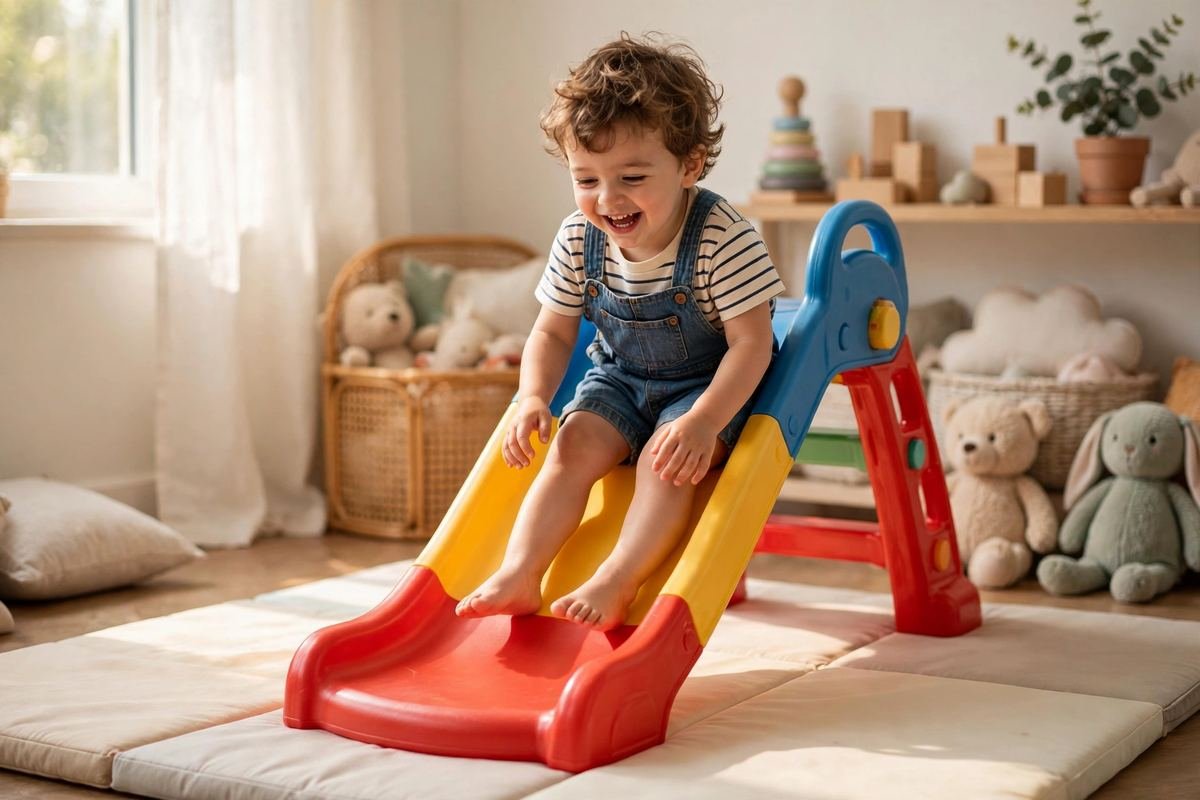 A giggling toddler coming down one of the best toddler slides on a soft mat in a sunny playroom.