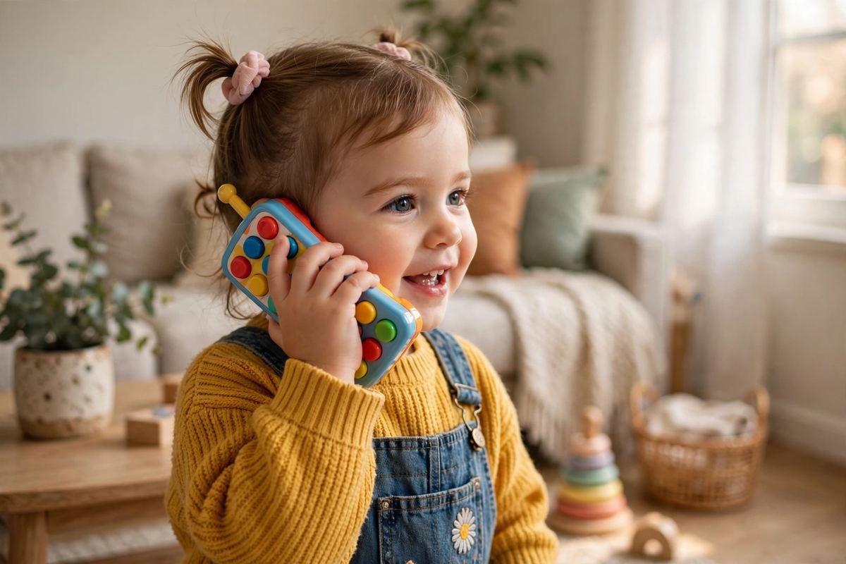 A toddler holding one of the best toy phones for toddlers to her ear during pretend play.