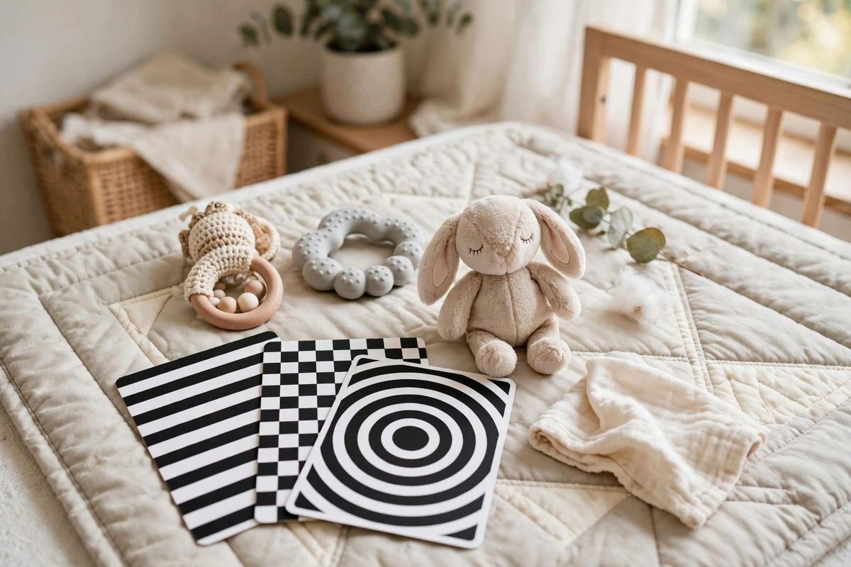 Gentle first toys from our guide to the best toys for 0 to 3 month old babies arranged on a mat.