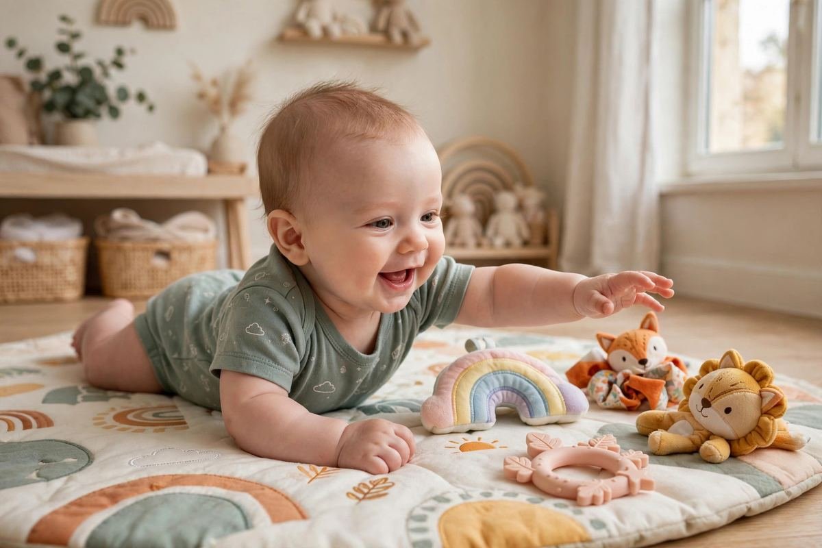 A smiling baby on a play mat reaching for the best toys for 3-6 month old playtime.