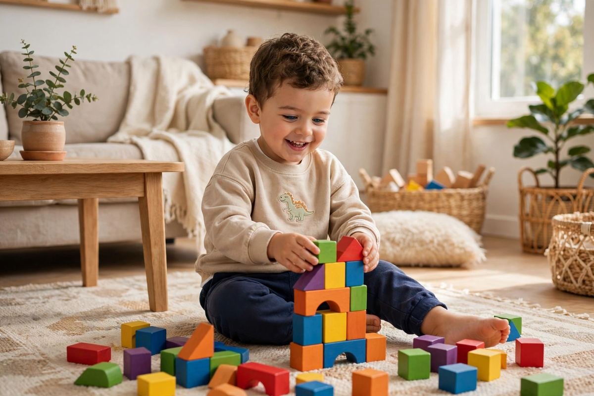 A happy toddler playing with colorful wooden blocks while exploring some of the best toys for 3 year olds at home.