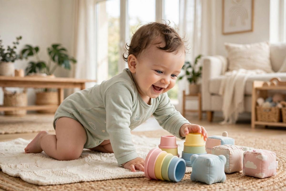 A happy crawling baby playing with the best toys for 6-12 month old babies on the floor.