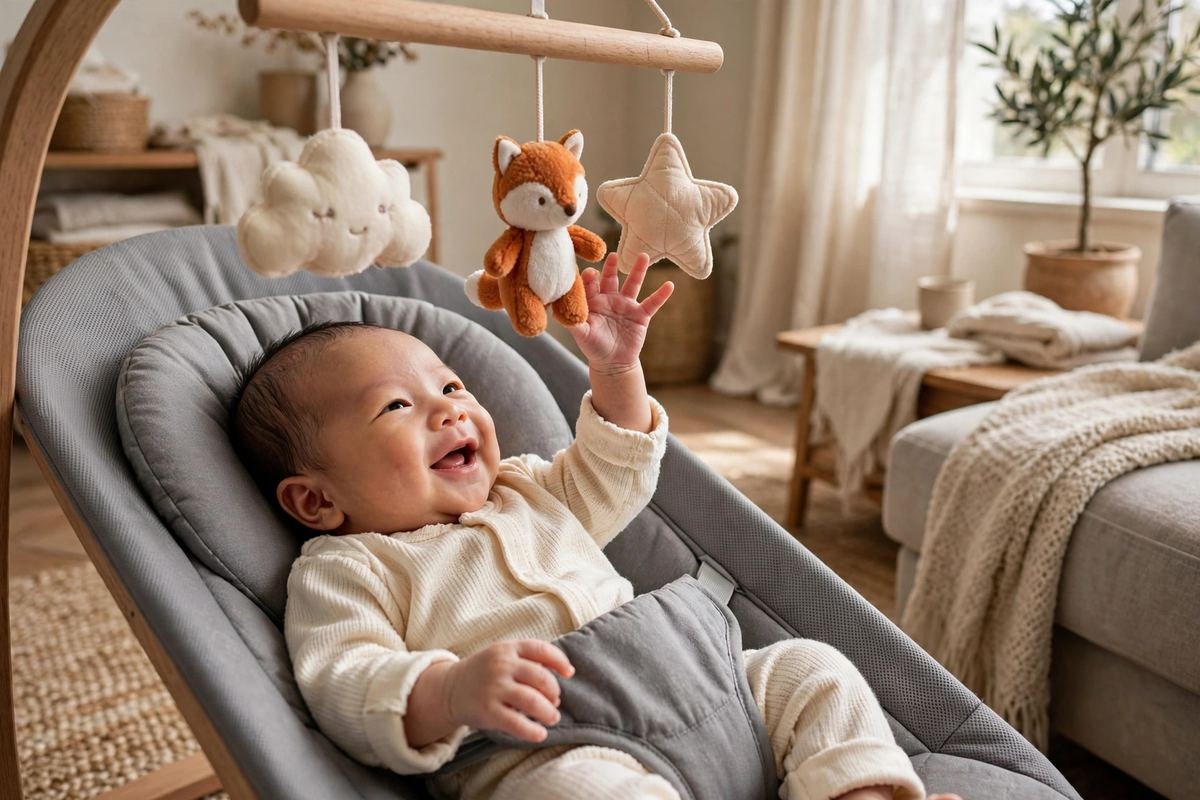 A smiling newborn resting in a bouncer while reaching for the best toys for baby bouncers on a soft wooden toy bar.