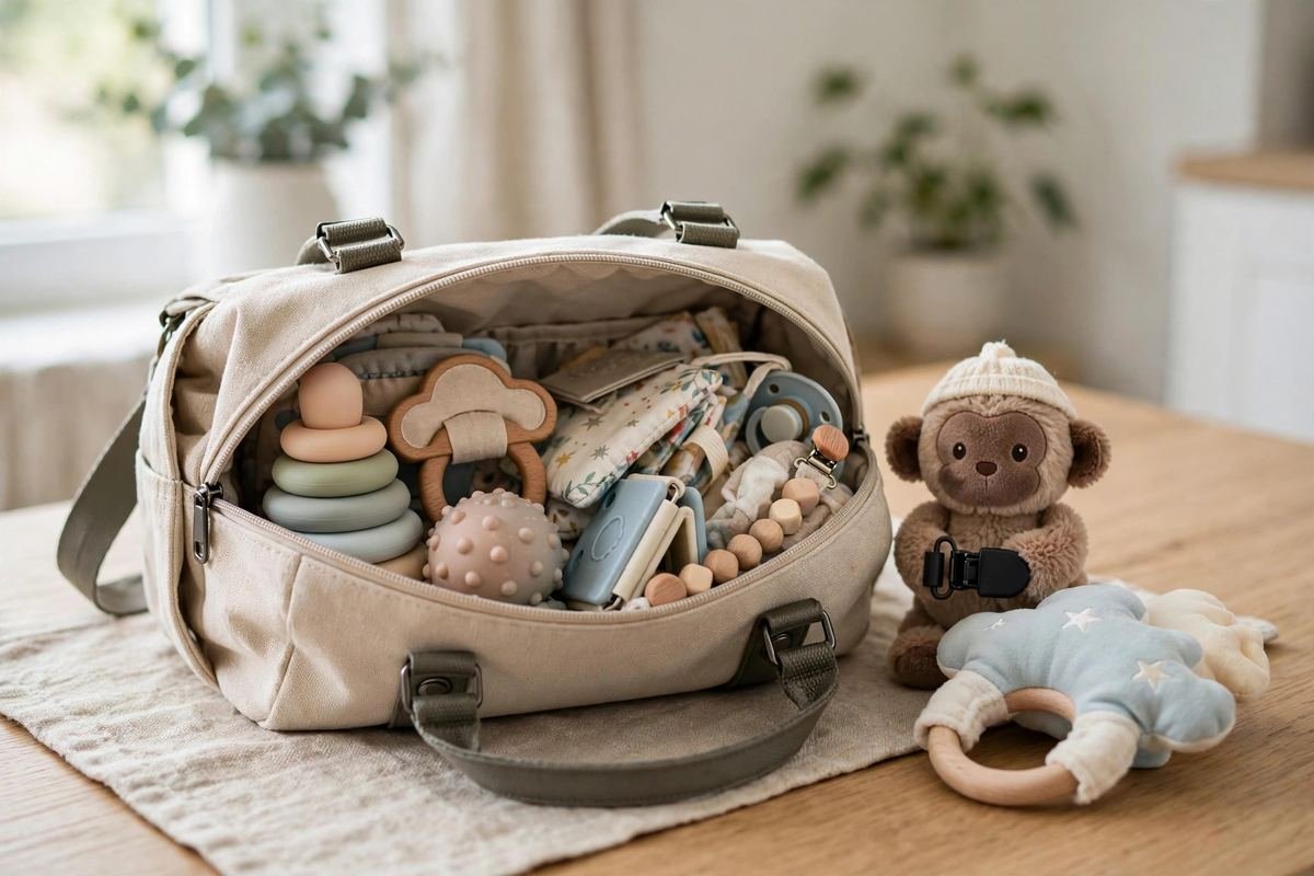A diaper bag packed with the best travel toys for newborns, including a clip on plush friend and a soft rattle.