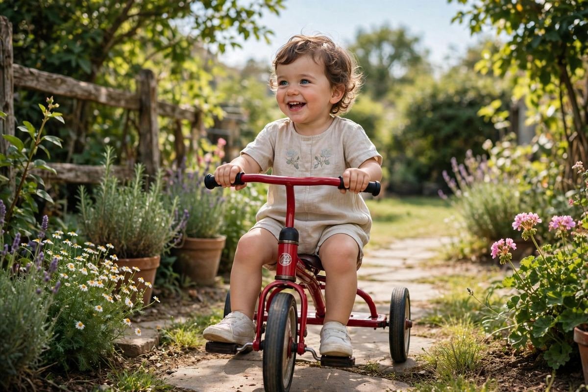 A happy toddler riding a red trike along a garden path, showing one of the best tricycles for 2 year olds during safe outdoor play.