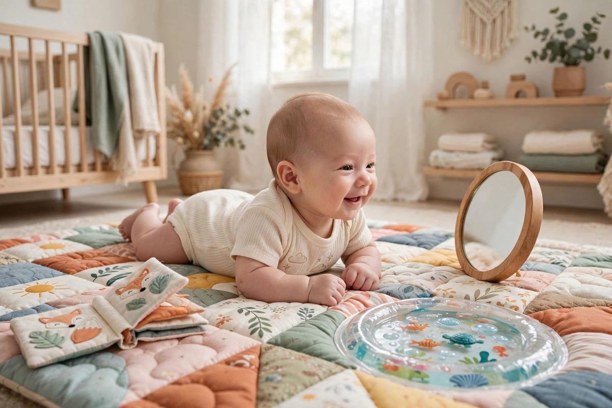 A newborn lifting her head during play with the best tummy time toys on a soft floor mat.