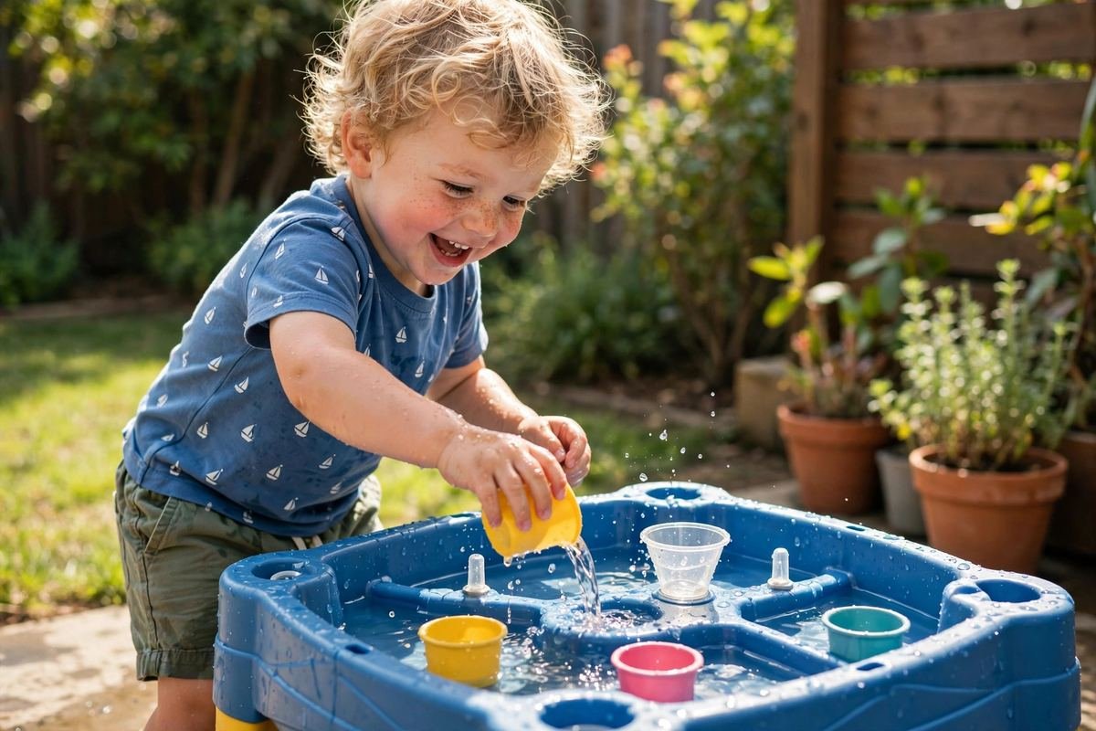 A happy toddler playing at one of the best water tables for toddlers in a sunny backyard.