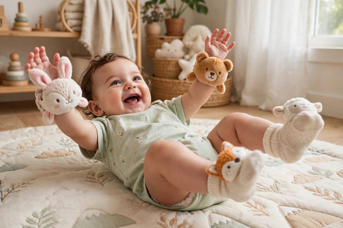 A baby waving arms fitted with the best wrist rattles while kicking foot rattle socks during playtime on a mat.