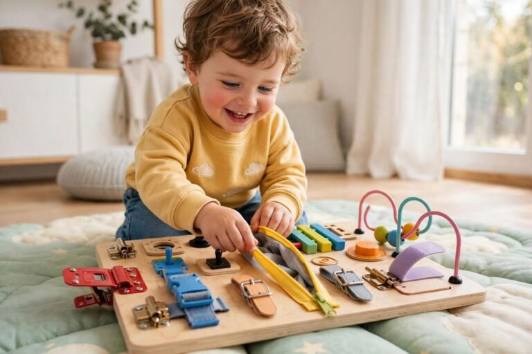 A smiling toddler explores one of the busy boards for toddlers with colorful latches and switches on a soft play mat.